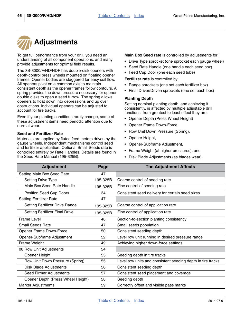 Adjustments, Seed and fertilizer rate, Planting depth | Seed and fertilizer rate planting depth | Great Plains 3S-3000HDF Operator Manual v1 User Manual | Page 50 / 120