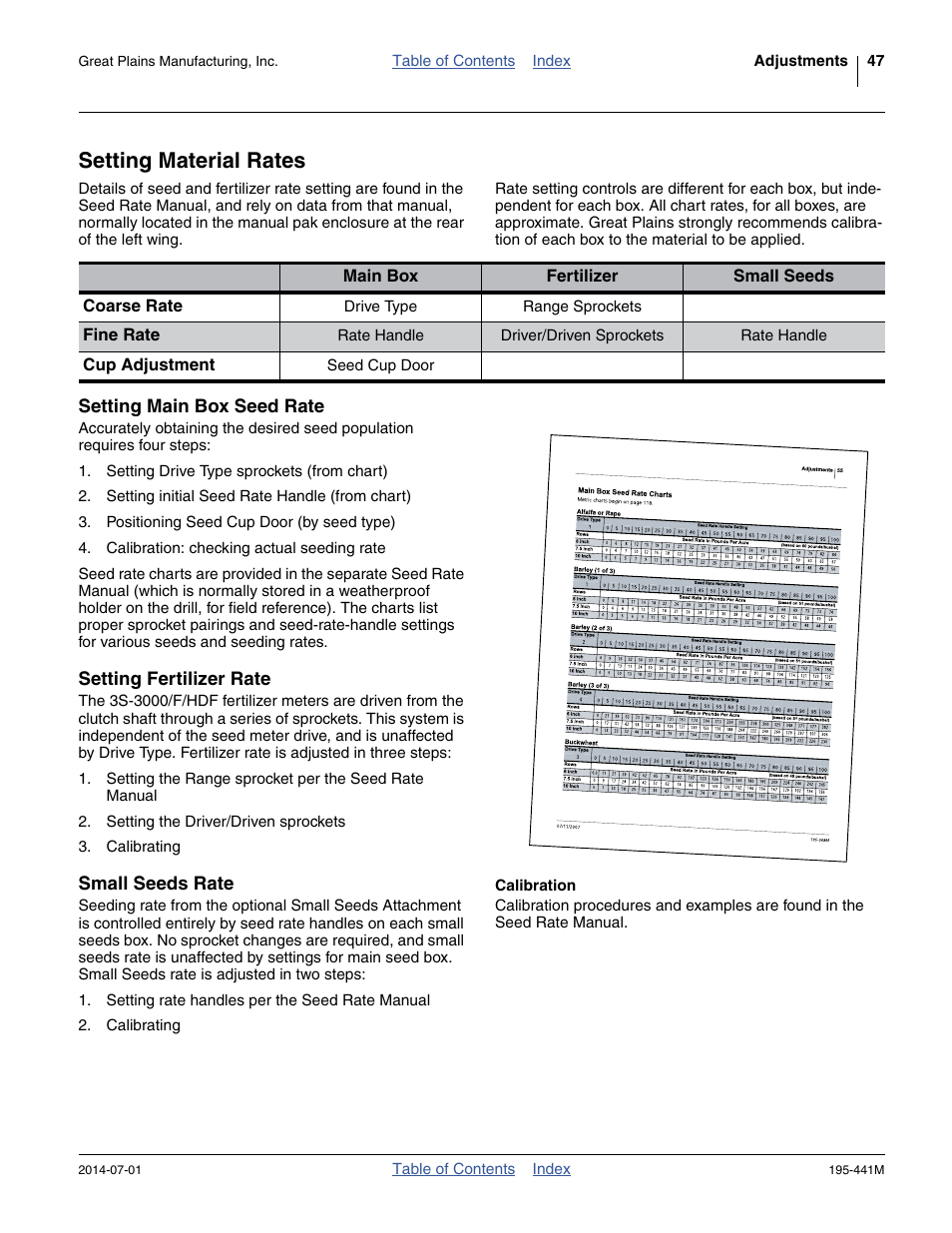 Setting material rates, Setting main box seed rate, Setting fertilizer rate | Small seeds rate, Calibration, Setting fertilizer rate small seeds rate | Great Plains 3S-3000HDF Operator Manual v1 User Manual | Page 51 / 120