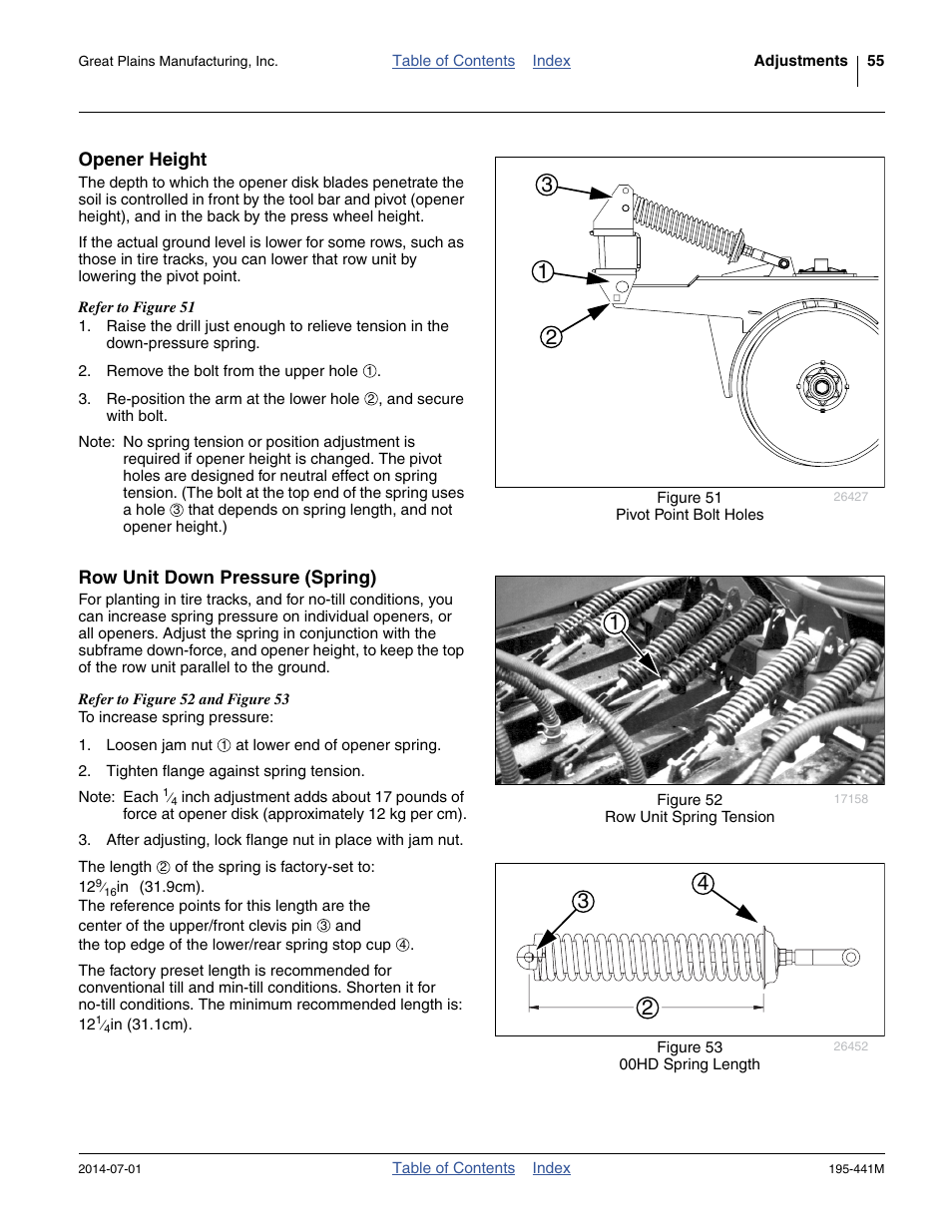 Opener height, Row unit down pressure (spring), Opener height row unit down pressure (spring) | Great Plains 3S-3000HDF Operator Manual v1 User Manual | Page 59 / 120