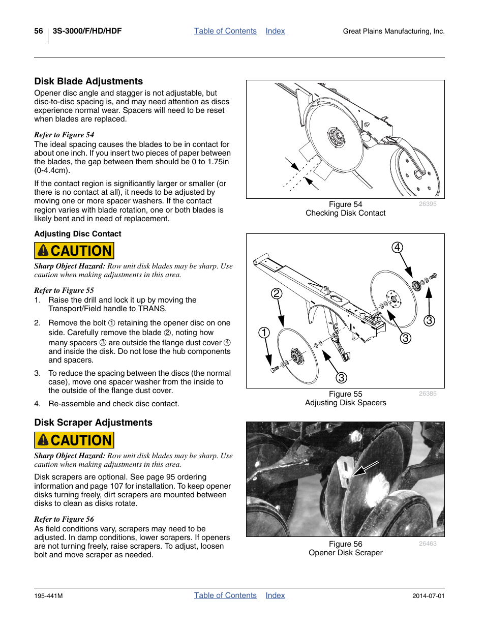 Disk blade adjustments, Adjusting disc contact, Disk scraper adjustments | Disk blade adjustments (as b | Great Plains 3S-3000HDF Operator Manual v1 User Manual | Page 60 / 120