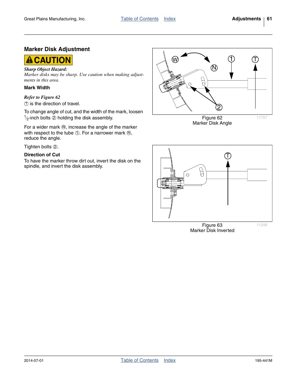Marker disk adjustment, Mark width, Direction of cut | Mark width direction of cut | Great Plains 3S-3000HDF Operator Manual v1 User Manual | Page 65 / 120