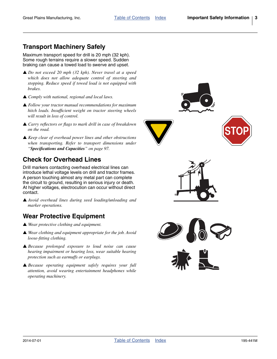 Transport machinery safely, Check for overhead lines, Wear protective equipment | Great Plains 3S-3000HDF Operator Manual v1 User Manual | Page 7 / 120