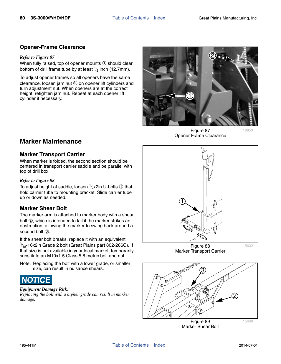 Opener-frame clearance, Marker maintenance, Marker transport carrier | Marker shear bolt, Marker transport carrier marker shear bolt | Great Plains 3S-3000HDF Operator Manual v1 User Manual | Page 84 / 120