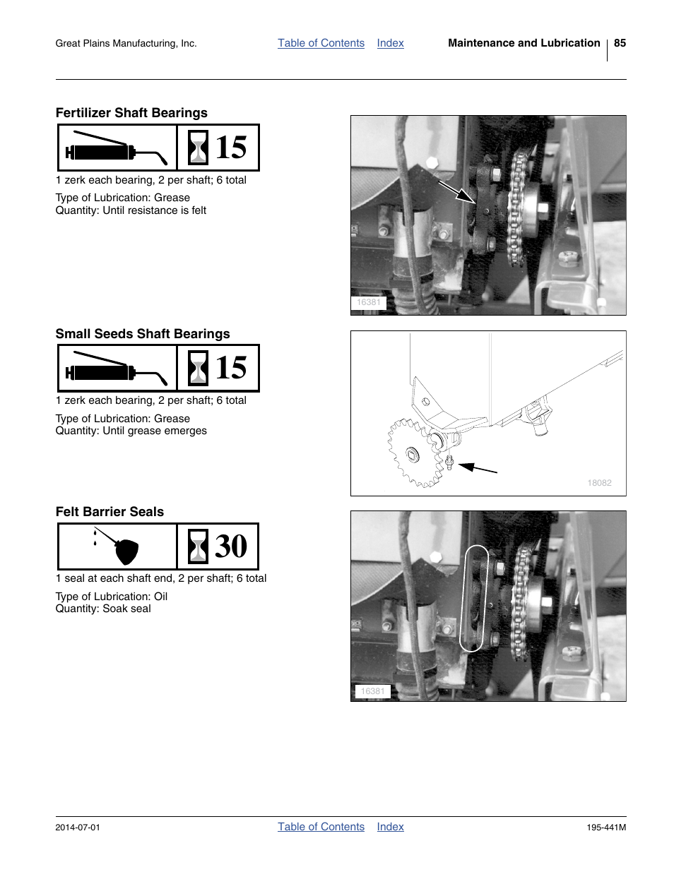 Fertilizer shaft bearings, Small seeds shaft bearings, Felt barrier seals | Great Plains 3S-3000HDF Operator Manual v1 User Manual | Page 89 / 120