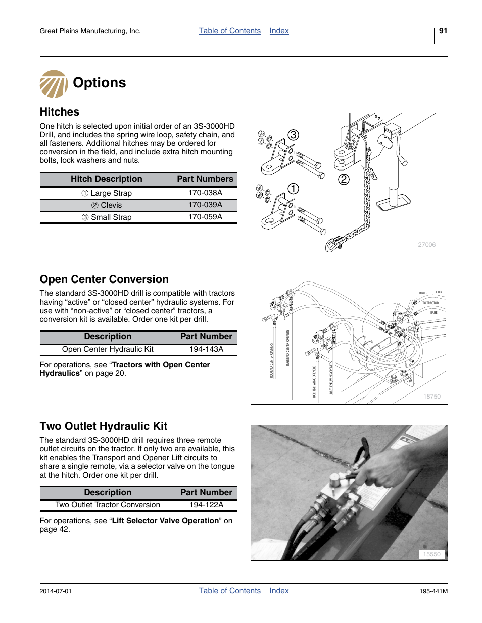 Options, Hitches, Open center conversion | Two outlet hydraulic kit, Options hitches open center conversion, Hitch description part numbers, Description part number | Great Plains 3S-3000HDF Operator Manual v1 User Manual | Page 95 / 120