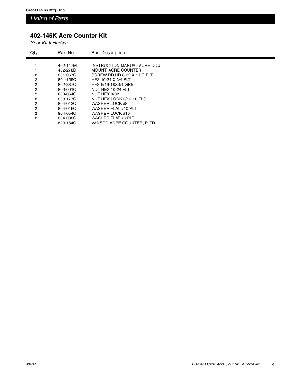 146k acre counter kit, Listing of parts | Great Plains 80303P User Manual | Page 4 / 4