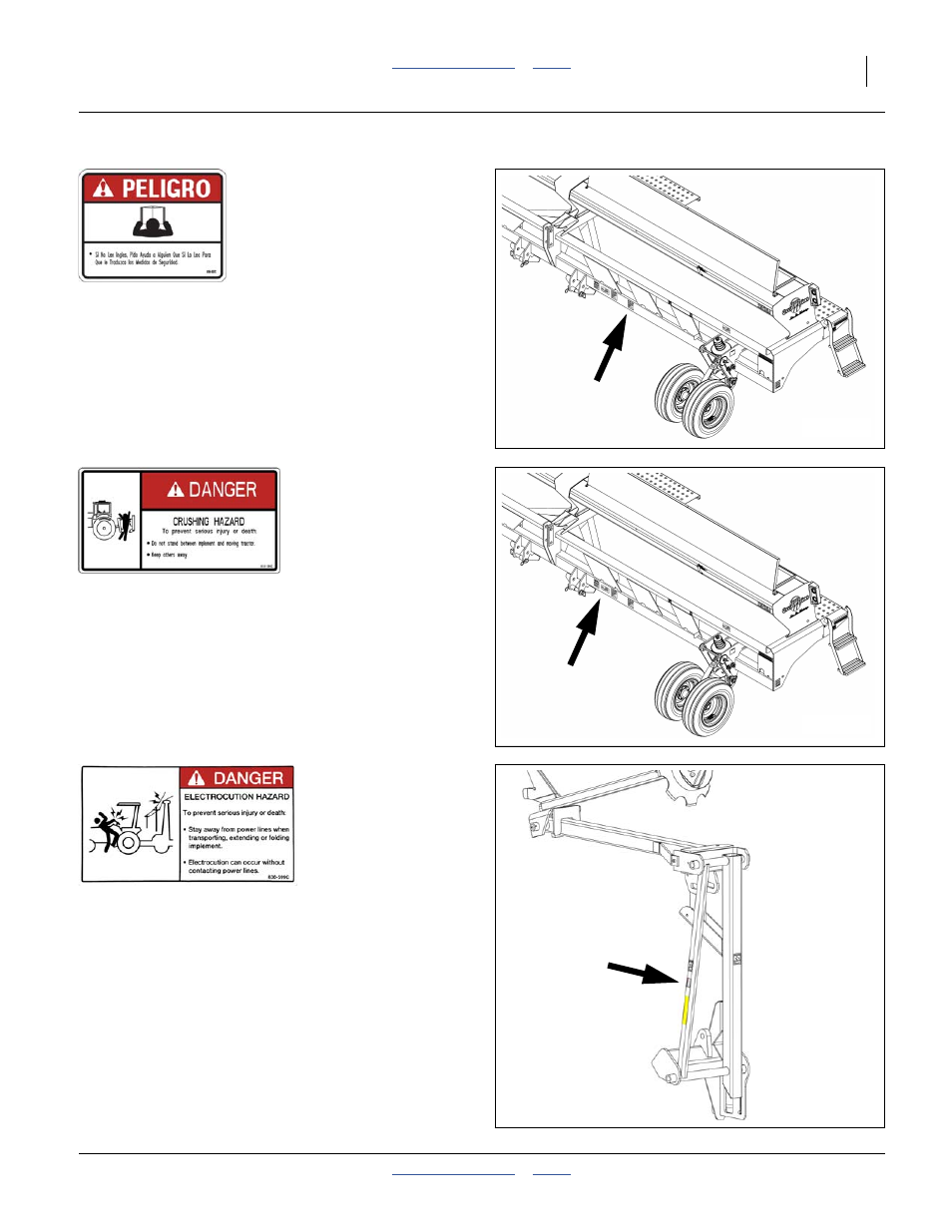 557c danger (in spanish), 590c danger: crushing hazard, 599c danger: electrocution hazard | Great Plains 2525A Operator Manual User Manual | Page 11 / 116