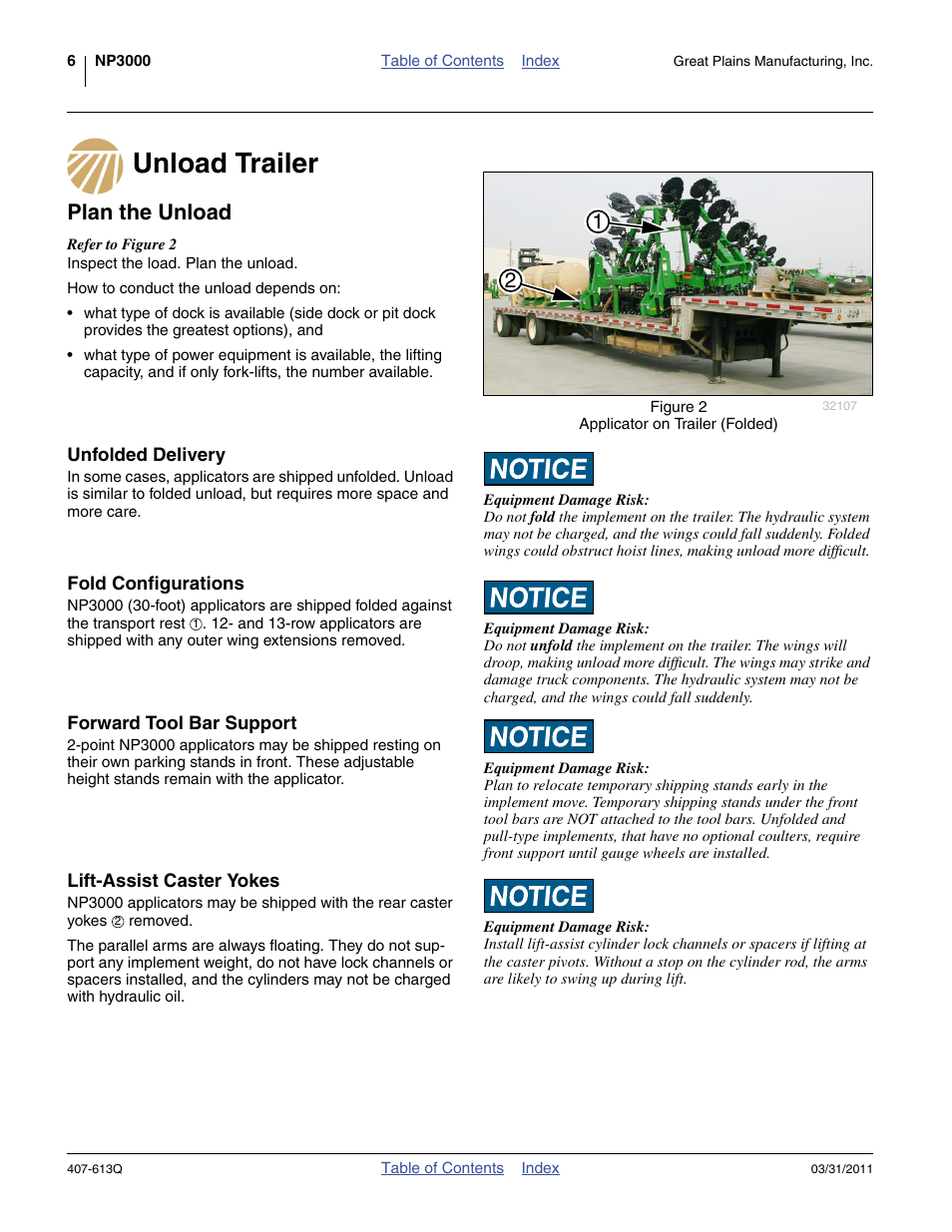 Unload trailer, Plan the unload, Unfolded delivery | Fold configurations, Forward tool bar support, Lift-assist caster yokes, Unload trailer plan the unload | Great Plains NP3000A Predelivery Manual User Manual | Page 10 / 38