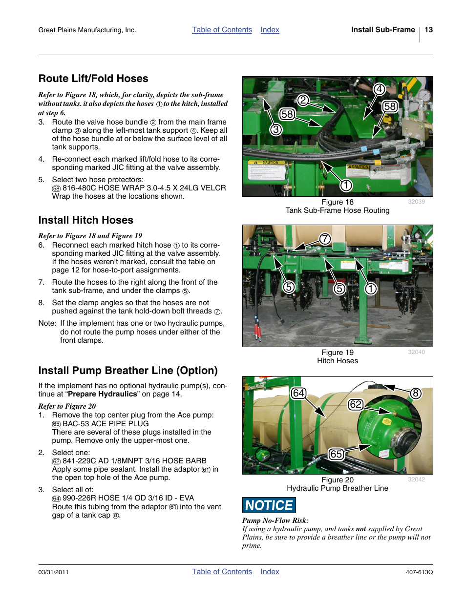 Route lift/fold hoses, Install hitch hoses, Install pump breather line (option) | Route lift/fold hoses install hitch hoses | Great Plains NP3000A Predelivery Manual User Manual | Page 17 / 38