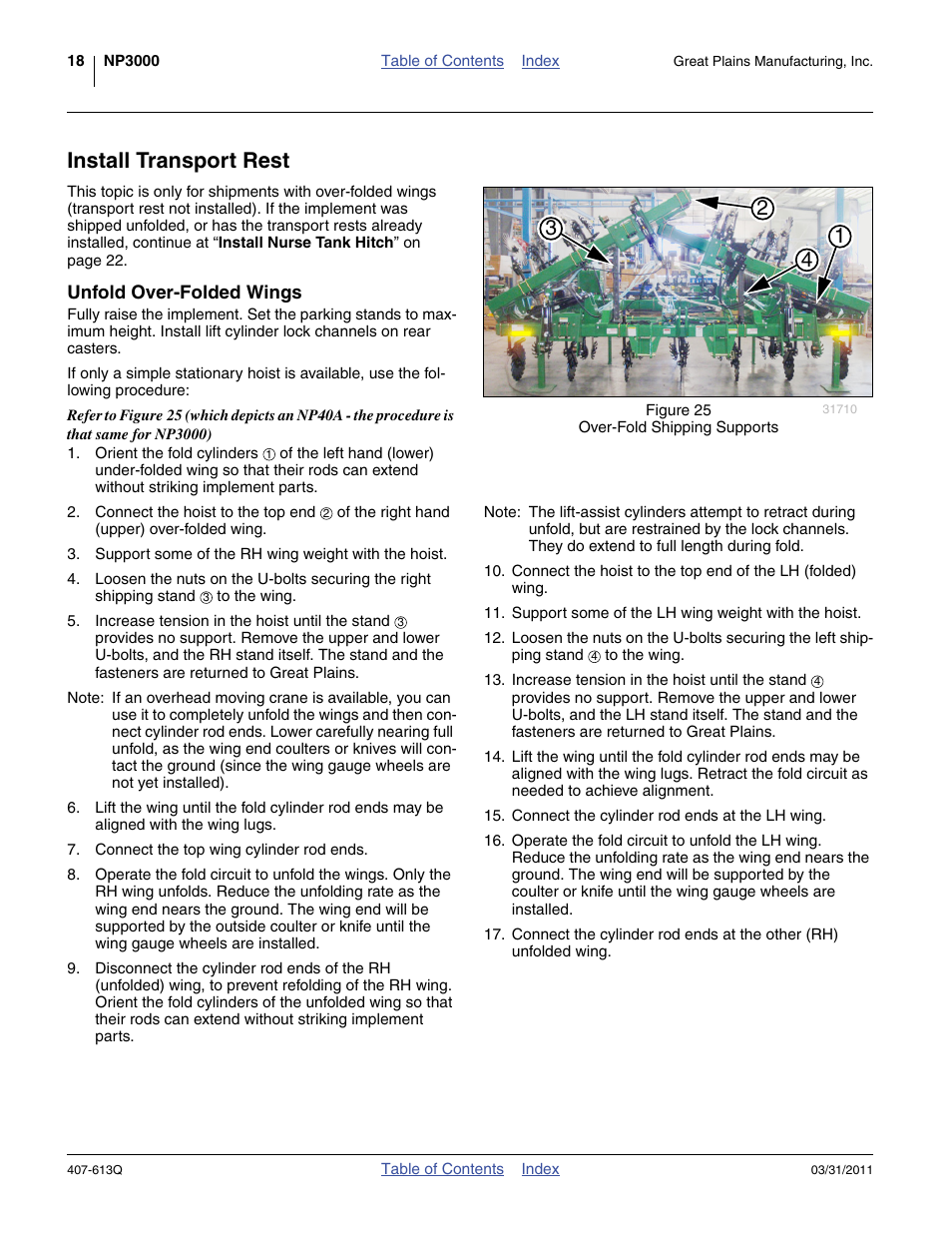 Install transport rest, Unfold over-folded wings | Great Plains NP3000A Predelivery Manual User Manual | Page 22 / 38