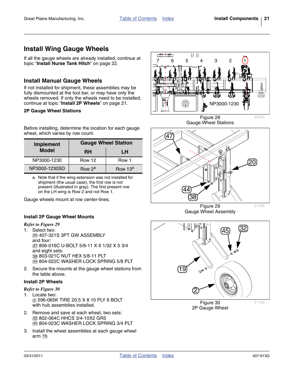 Install wing gauge wheels, Install manual gauge wheels, 2p gauge wheel stations | Install 2p gauge wheel mounts, Install 2p wheels | Great Plains NP3000A Predelivery Manual User Manual | Page 25 / 38