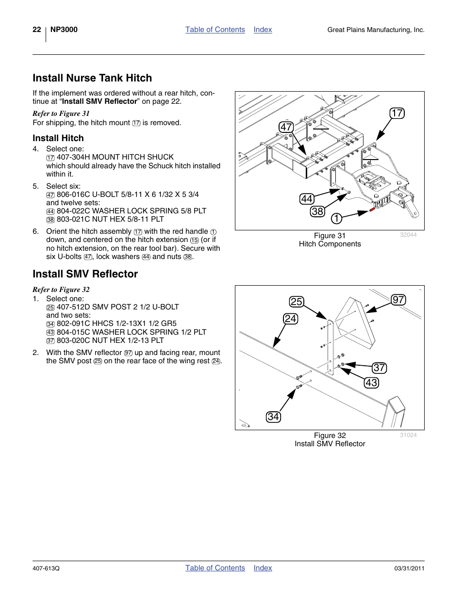 Install nurse tank hitch, Install hitch, Install smv reflector | Great Plains NP3000A Predelivery Manual User Manual | Page 26 / 38