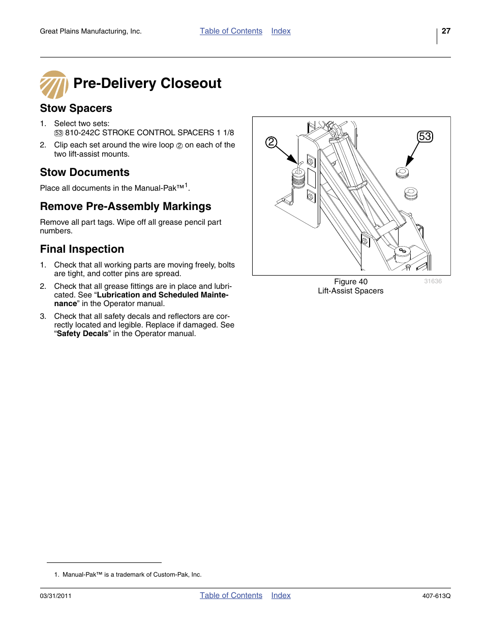 Pre-delivery closeout, Stow spacers, Stow documents | Remove pre-assembly markings, Final inspection | Great Plains NP3000A Predelivery Manual User Manual | Page 31 / 38