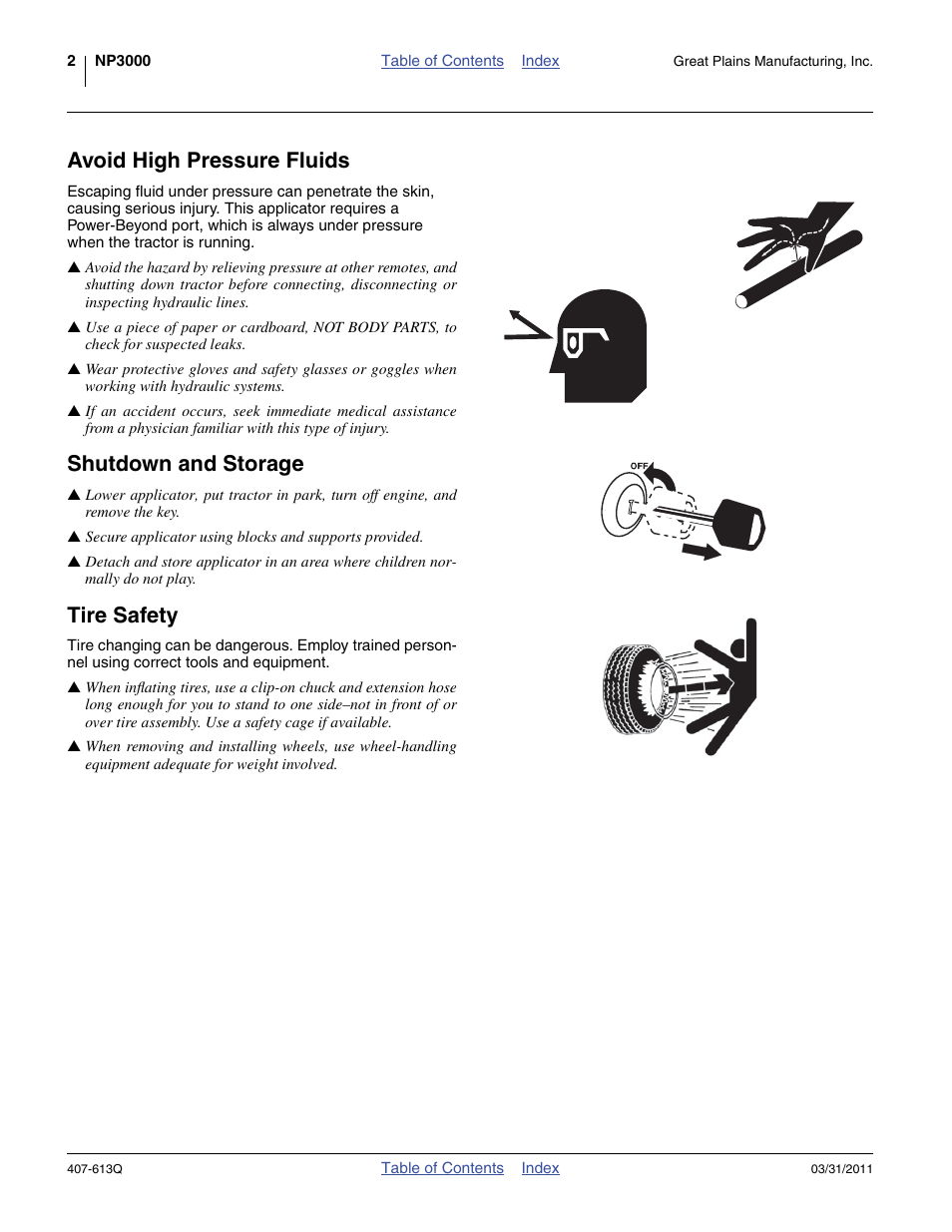 Avoid high pressure fluids, Shutdown and storage, Tire safety | Great Plains NP3000A Predelivery Manual User Manual | Page 6 / 38