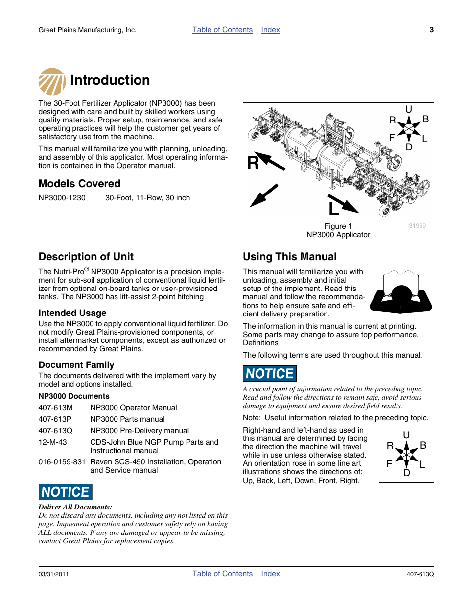 Introduction, Models covered, Description of unit | Intended usage, Document family, Np3000 documents, Using this manual, Introduction models covered description of unit, Intended usage document family, Models covered description of unit | Great Plains NP3000A Predelivery Manual User Manual | Page 7 / 38