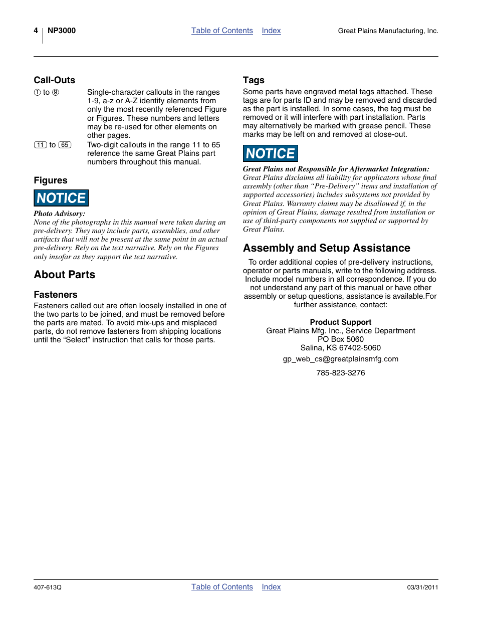 Call-outs, Figures, About parts | Fasteners, Tags, Assembly and setup assistance, Call-outs figures, Fasteners tags | Great Plains NP3000A Predelivery Manual User Manual | Page 8 / 38