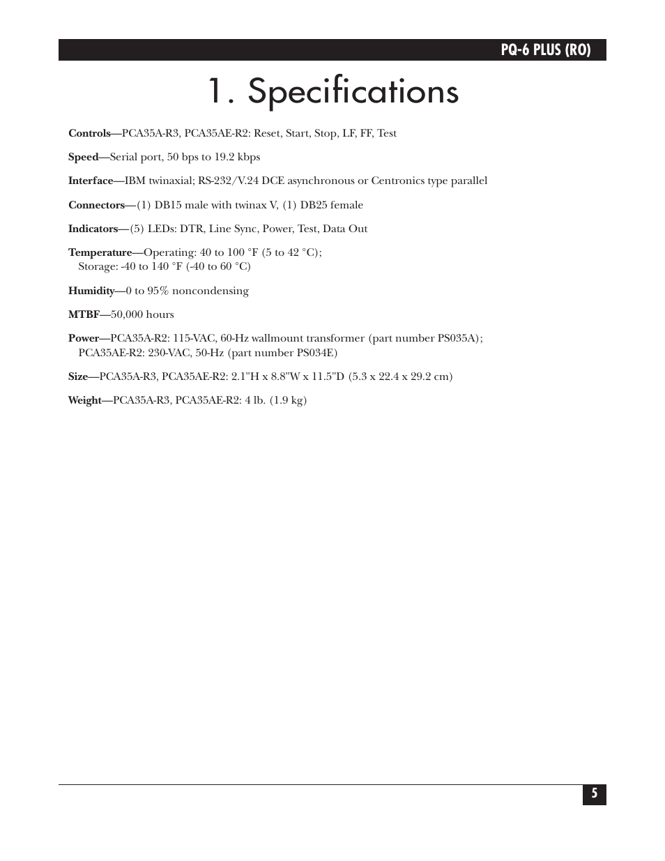 Specifications, Pq-6 plus (ro) | Black Box PS035A User Manual | Page 6 / 30
