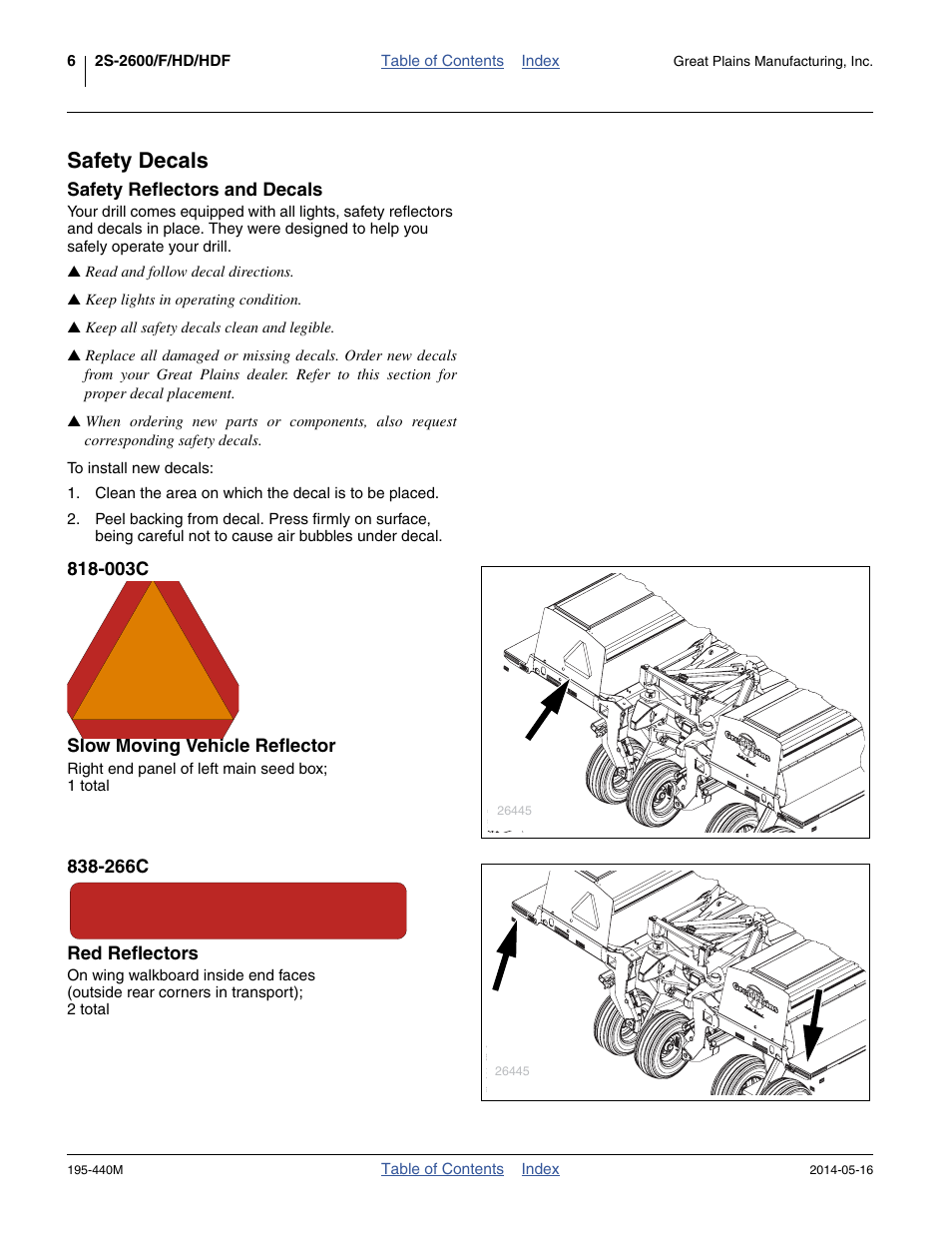 Safety decals, Safety reflectors and decals, 003c slow moving vehicle reflector | 266c red reflectors | Great Plains 2S-2600HDF Operator Manual v1 User Manual | Page 10 / 116