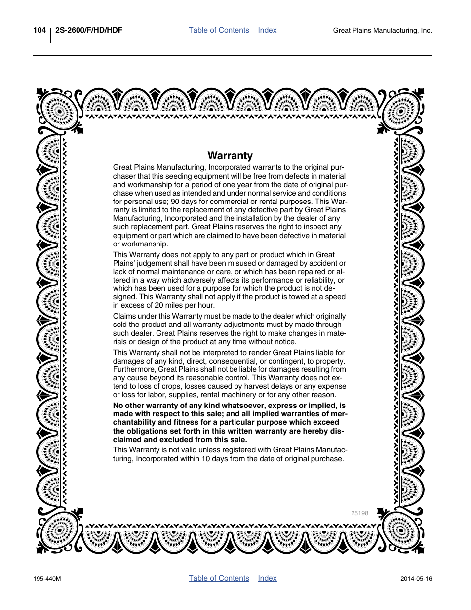 Warranty | Great Plains 2S-2600HDF Operator Manual v1 User Manual | Page 108 / 116