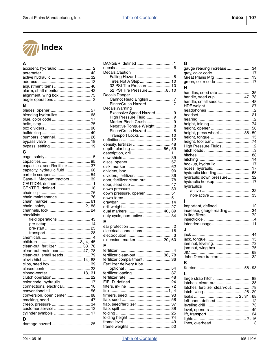 Index | Great Plains 2S-2600HDF Operator Manual v1 User Manual | Page 111 / 116