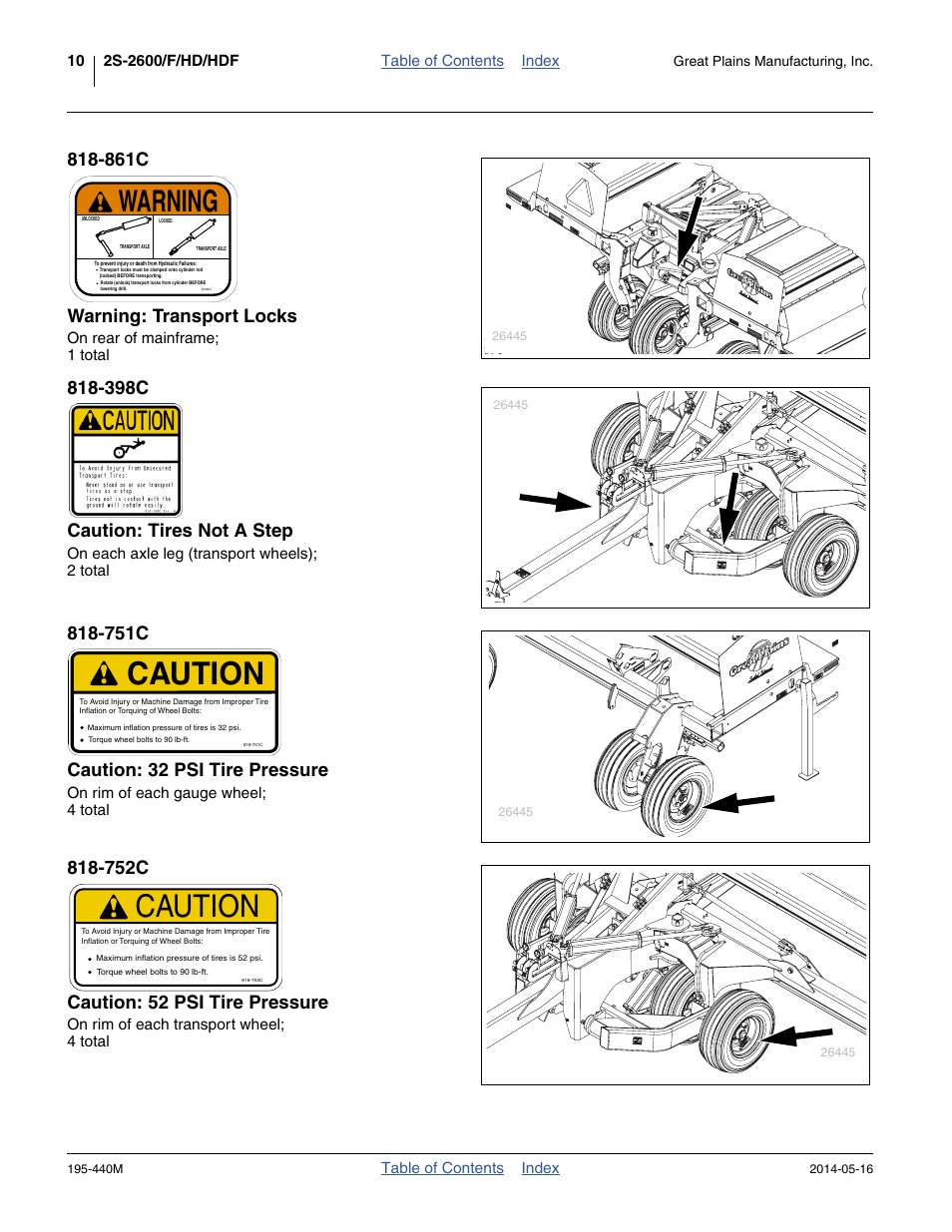861c warning: transport locks, 398c caution: tires not a step, 751c caution: 32 psi tire pressure | 752c caution: 52 psi tire pressure, Caution, Warning | Great Plains 2S-2600HDF Operator Manual v1 User Manual | Page 14 / 116