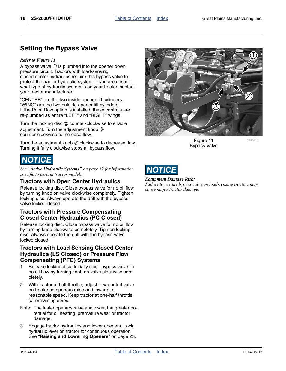 Setting the bypass valve, Tractors with open center hydraulics | Great Plains 2S-2600HDF Operator Manual v1 User Manual | Page 22 / 116