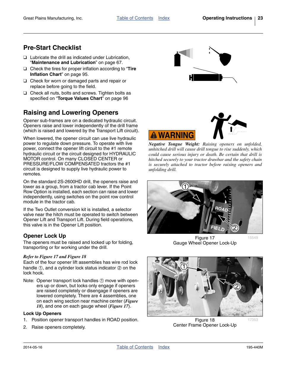 Pre-start checklist, Raising and lowering openers, Opener lock up | Lock up openers, Pre-start checklist raising and lowering openers | Great Plains 2S-2600HDF Operator Manual v1 User Manual | Page 27 / 116