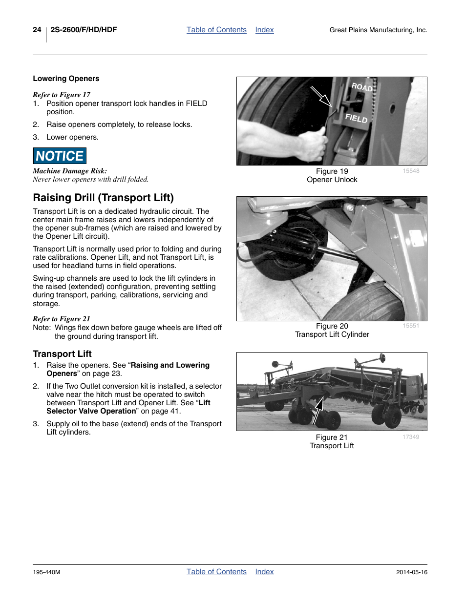 Lowering openers, Raising drill (transport lift), Transport lift | Great Plains 2S-2600HDF Operator Manual v1 User Manual | Page 28 / 116
