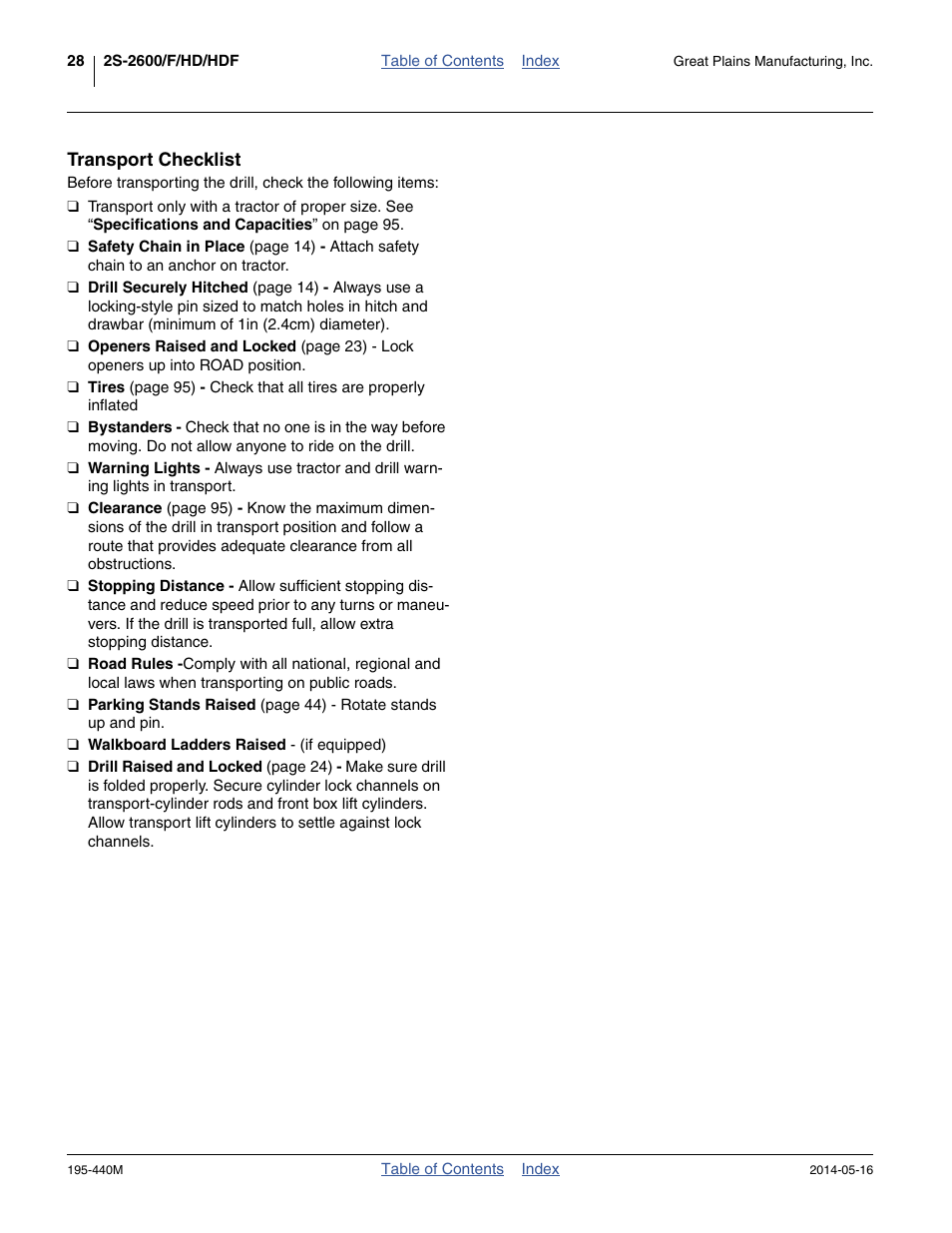 Transport checklist | Great Plains 2S-2600HDF Operator Manual v1 User Manual | Page 32 / 116