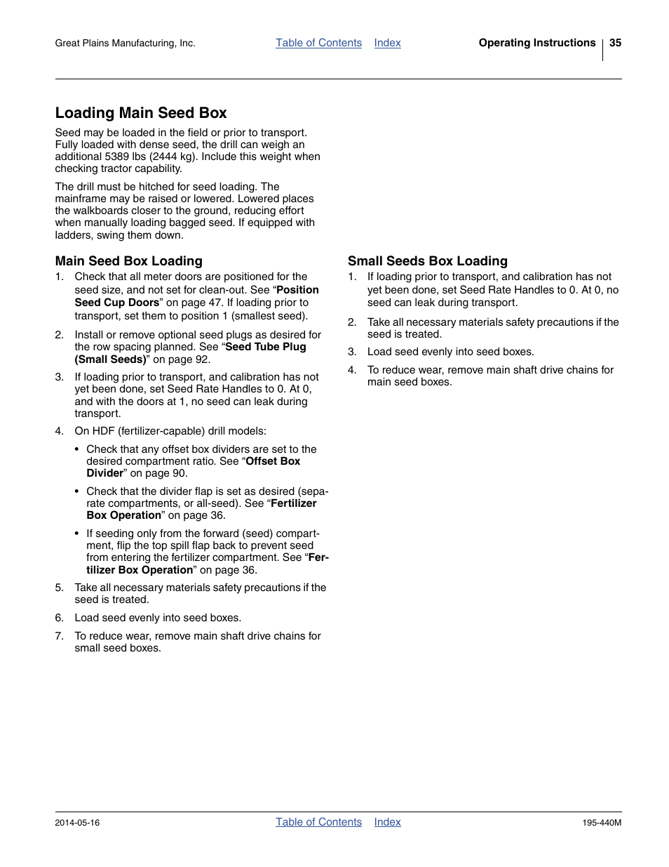 Loading main seed box, Main seed box loading, Small seeds box loading | Main seed box loading small seeds box loading | Great Plains 2S-2600HDF Operator Manual v1 User Manual | Page 39 / 116
