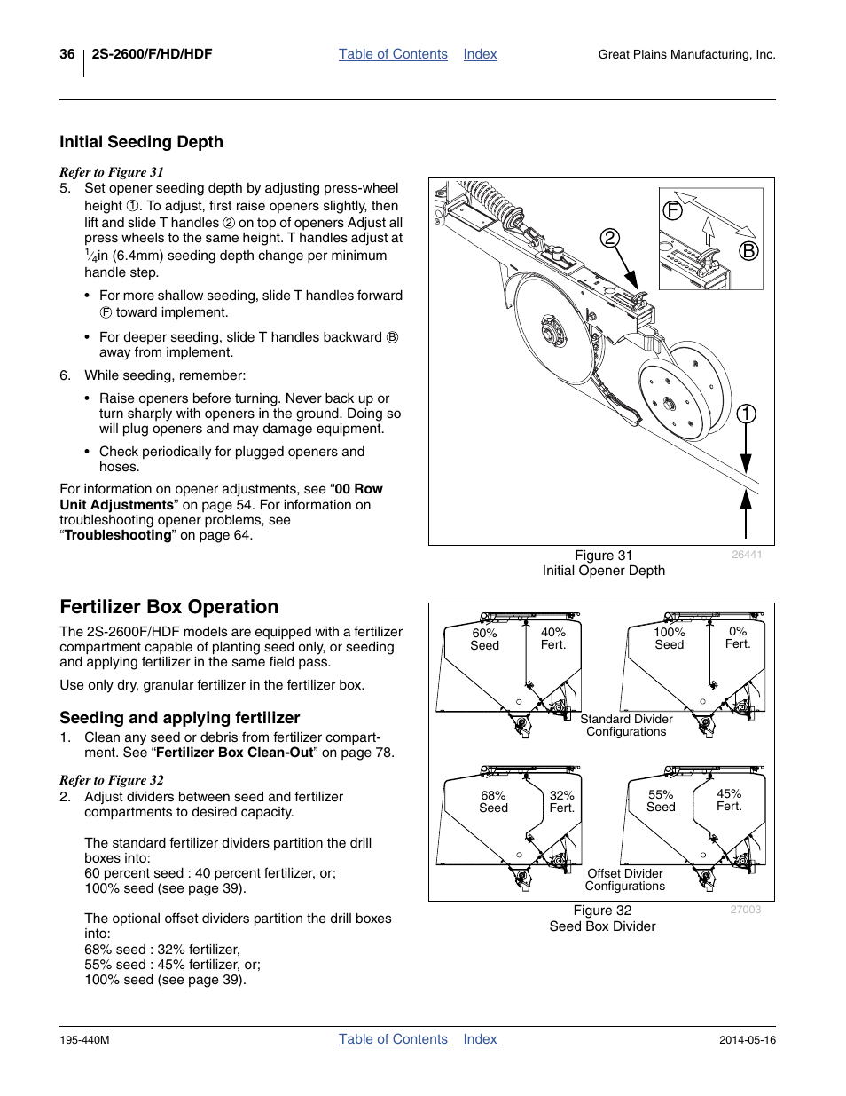 Initial seeding depth, Fertilizer box operation, Seeding and applying fertilizer | 12 b f | Great Plains 2S-2600HDF Operator Manual v1 User Manual | Page 40 / 116