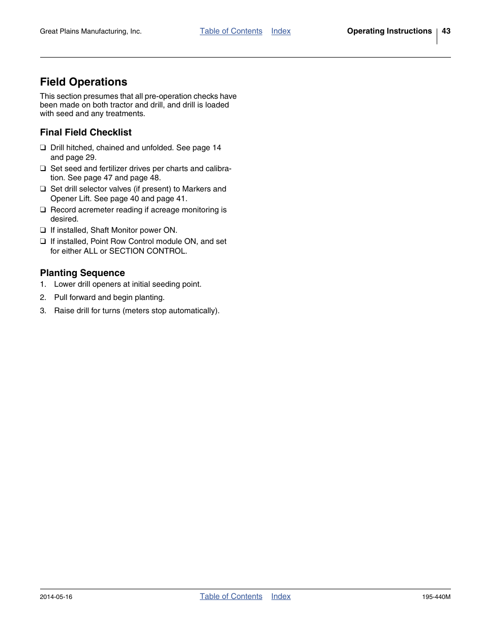 Field operations, Final field checklist, Planting sequence | Final field checklist planting sequence | Great Plains 2S-2600HDF Operator Manual v1 User Manual | Page 47 / 116