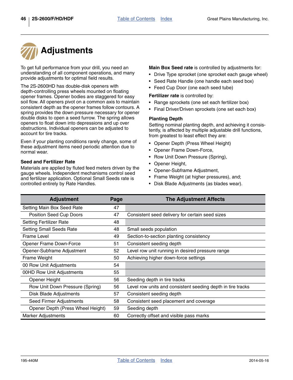 Adjustments, Seed and fertilizer rate, Planting depth | Seed and fertilizer rate planting depth | Great Plains 2S-2600HDF Operator Manual v1 User Manual | Page 50 / 116