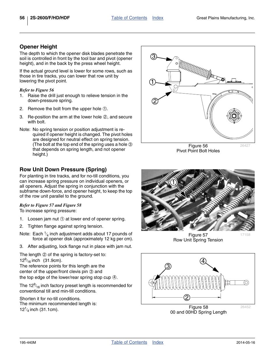 Opener height, Row unit down pressure (spring), Opener height row unit down pressure (spring) | Great Plains 2S-2600HDF Operator Manual v1 User Manual | Page 60 / 116