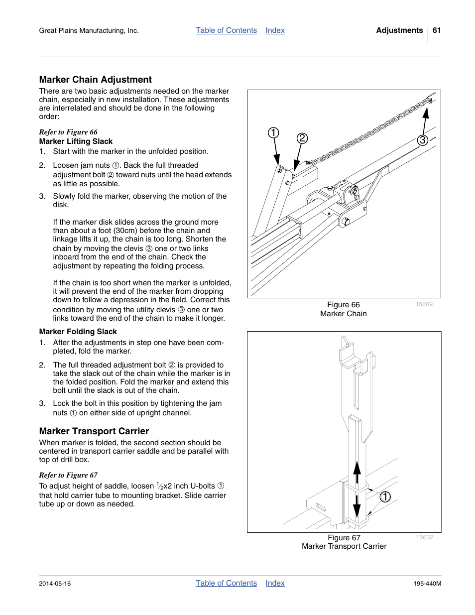 Marker chain adjustment, Marker lifting slack, Marker folding slack | Marker transport carrier, Marker lifting slack marker folding slack | Great Plains 2S-2600HDF Operator Manual v1 User Manual | Page 65 / 116