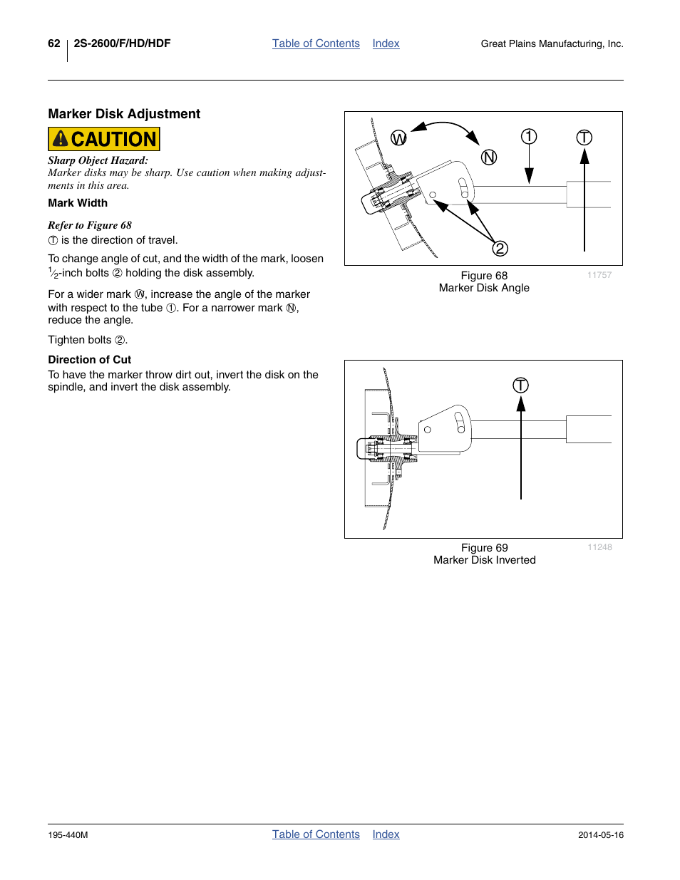 Marker disk adjustment, Mark width, Direction of cut | Mark width direction of cut, 21 n w t | Great Plains 2S-2600HDF Operator Manual v1 User Manual | Page 66 / 116