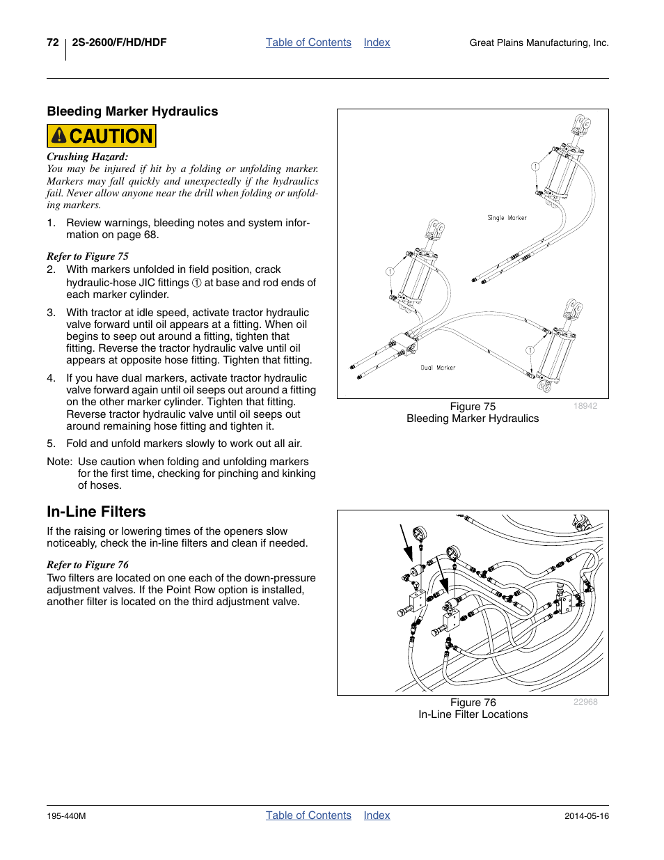 Bleeding marker hydraulics, In-line filters | Great Plains 2S-2600HDF Operator Manual v1 User Manual | Page 76 / 116