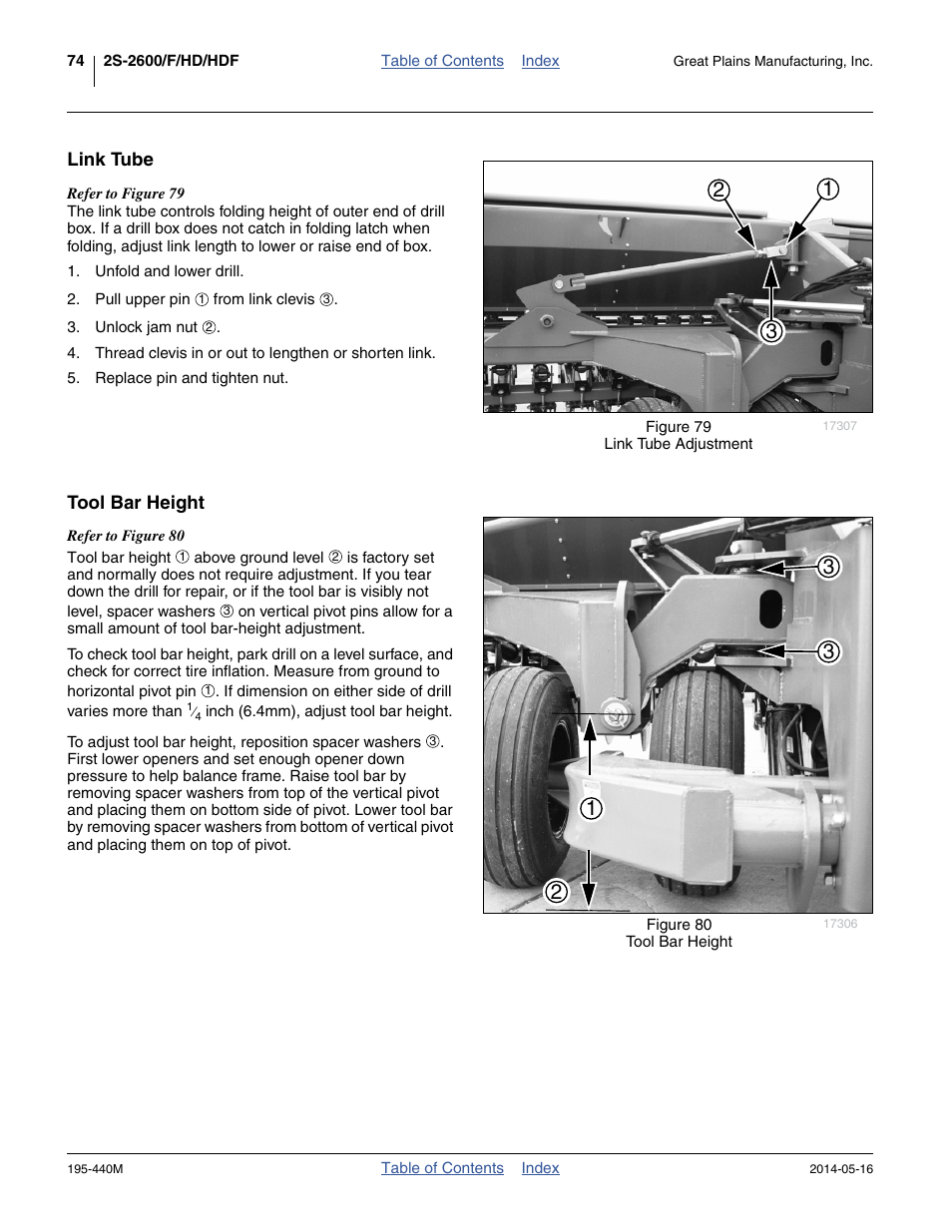 Link tube, Tool bar height, Link tube tool bar height | Great Plains 2S-2600HDF Operator Manual v1 User Manual | Page 78 / 116