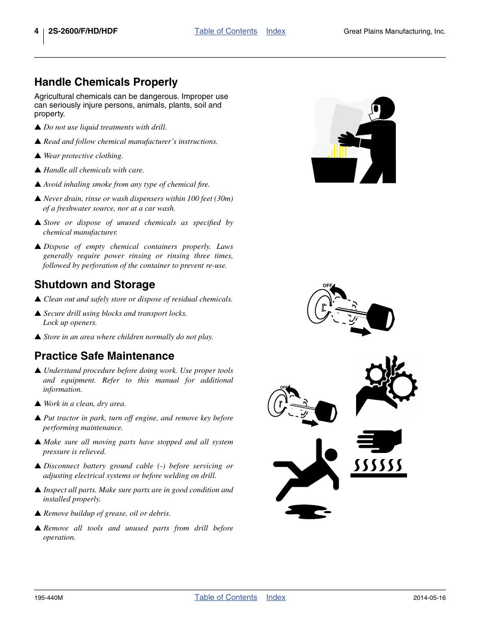 Handle chemicals properly, Shutdown and storage, Practice safe maintenance | Great Plains 2S-2600HDF Operator Manual v1 User Manual | Page 8 / 116