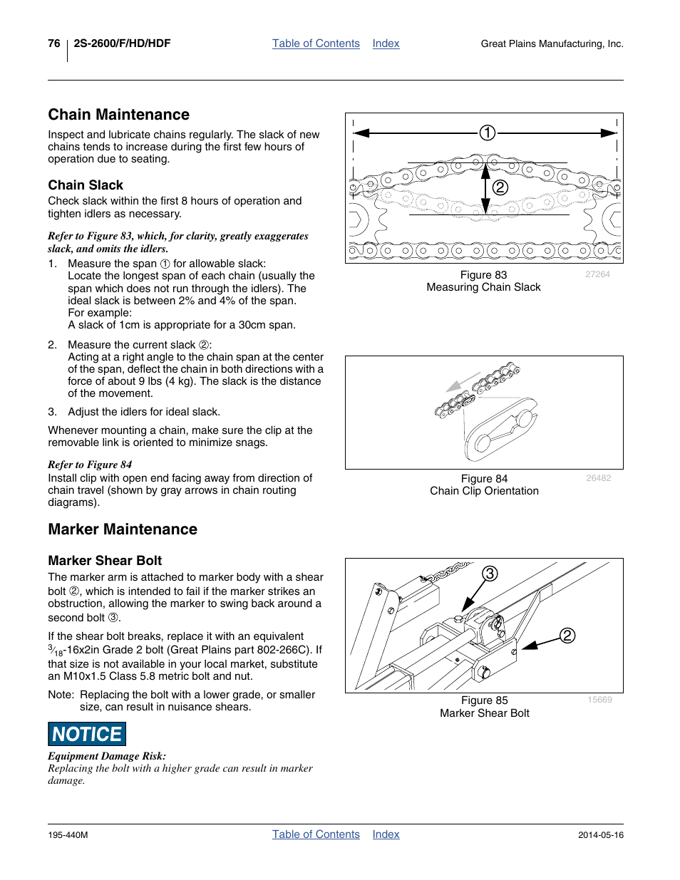 Chain maintenance, Chain slack, Marker maintenance | Marker shear bolt | Great Plains 2S-2600HDF Operator Manual v1 User Manual | Page 80 / 116