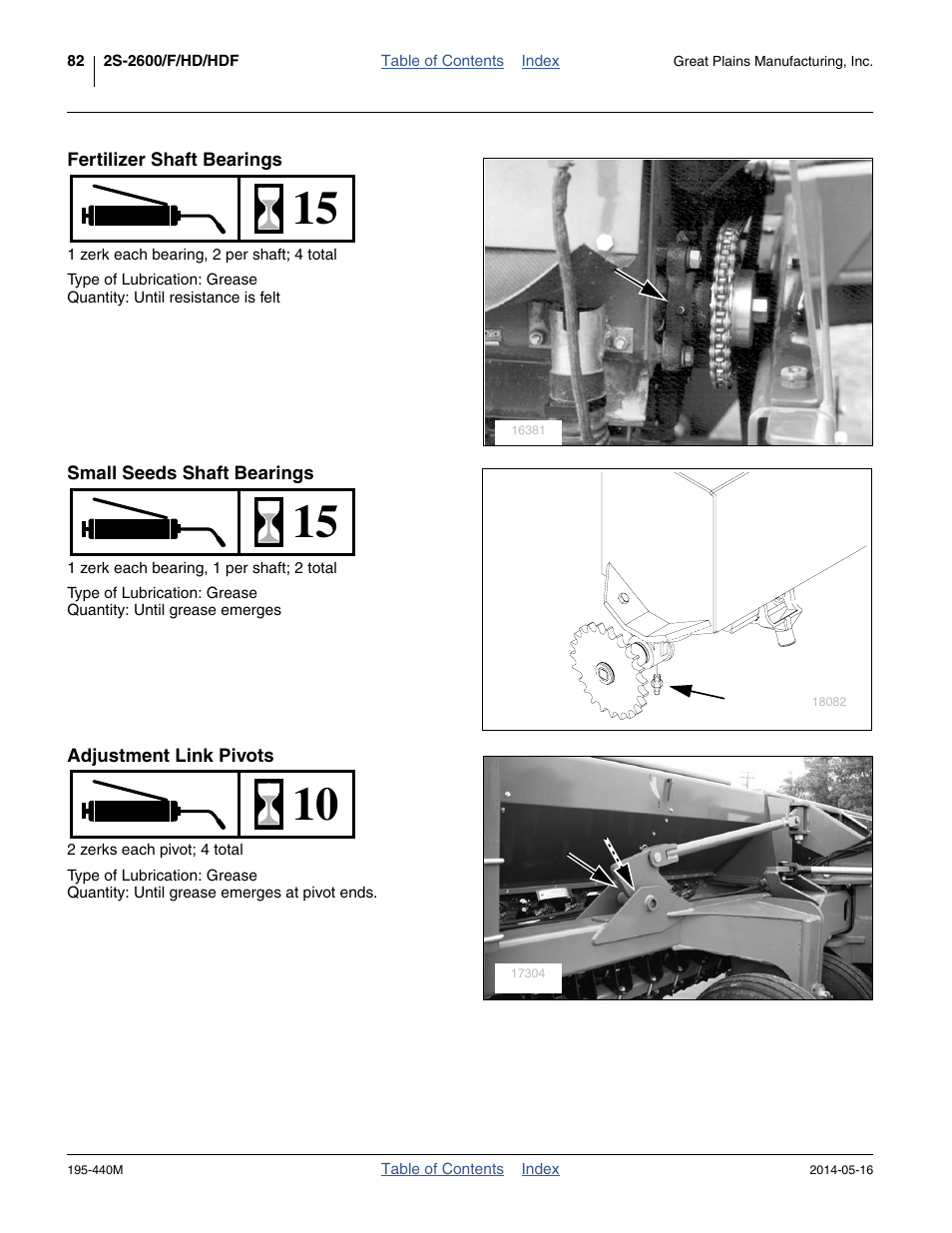 Fertilizer shaft bearings, Small seeds shaft bearings, Adjustment link pivots | Great Plains 2S-2600HDF Operator Manual v1 User Manual | Page 86 / 116