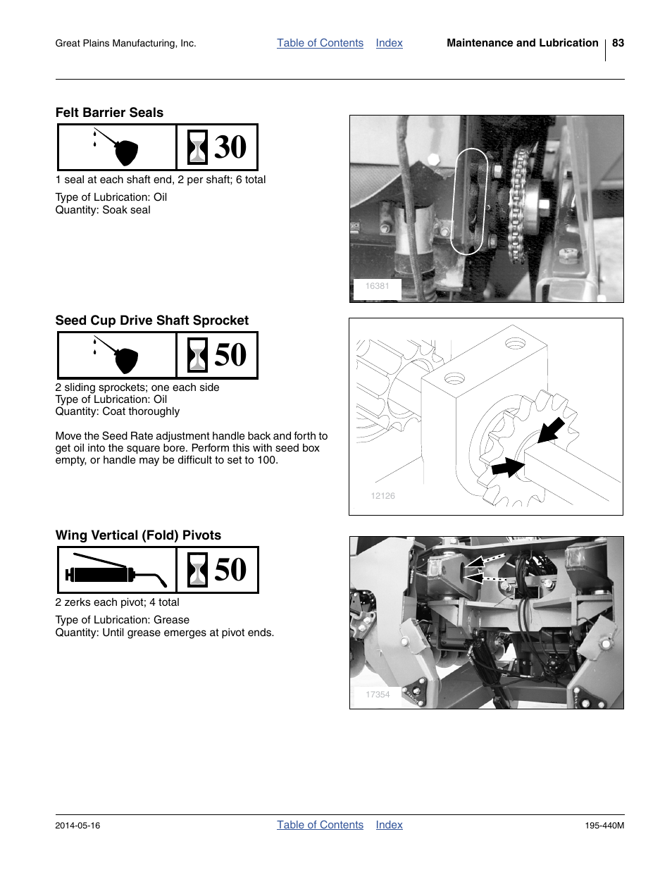 Felt barrier seals, Seed cup drive shaft sprocket, Wing vertical (fold) pivots | Great Plains 2S-2600HDF Operator Manual v1 User Manual | Page 87 / 116