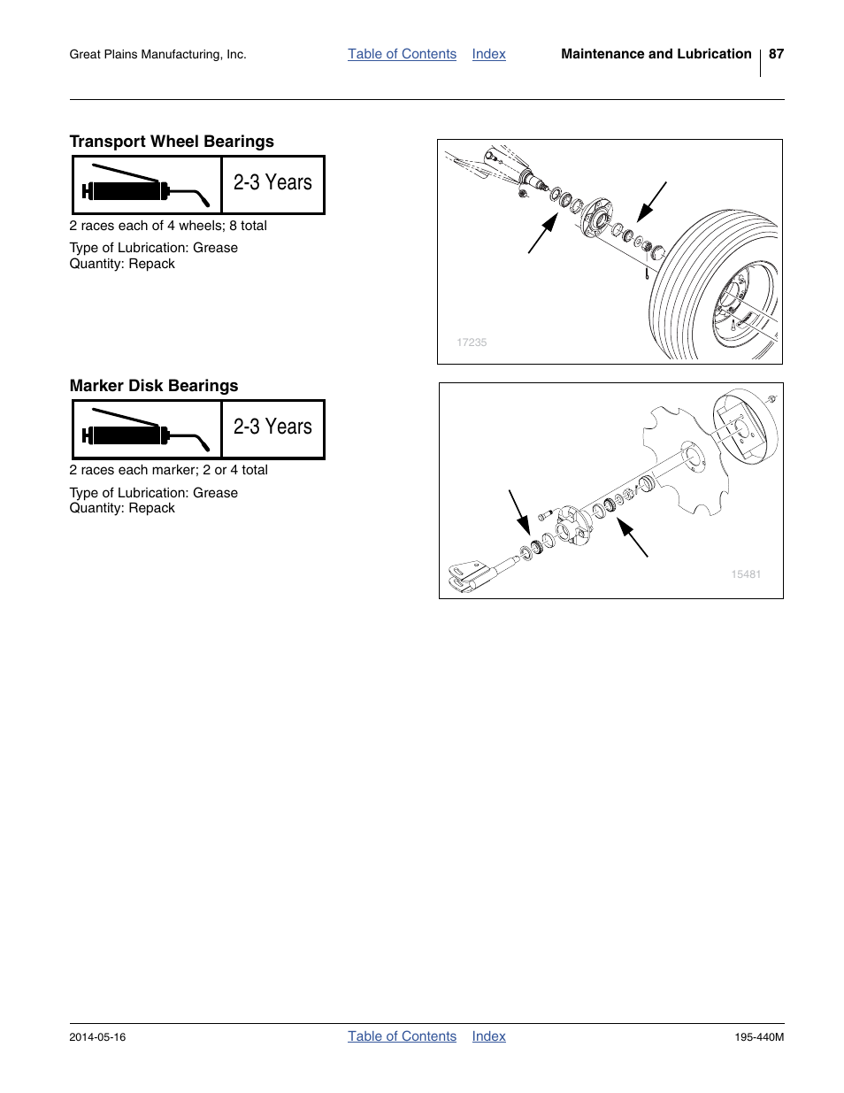 Transport wheel bearings, Marker disk bearings, 3 years | Great Plains 2S-2600HDF Operator Manual v1 User Manual | Page 91 / 116