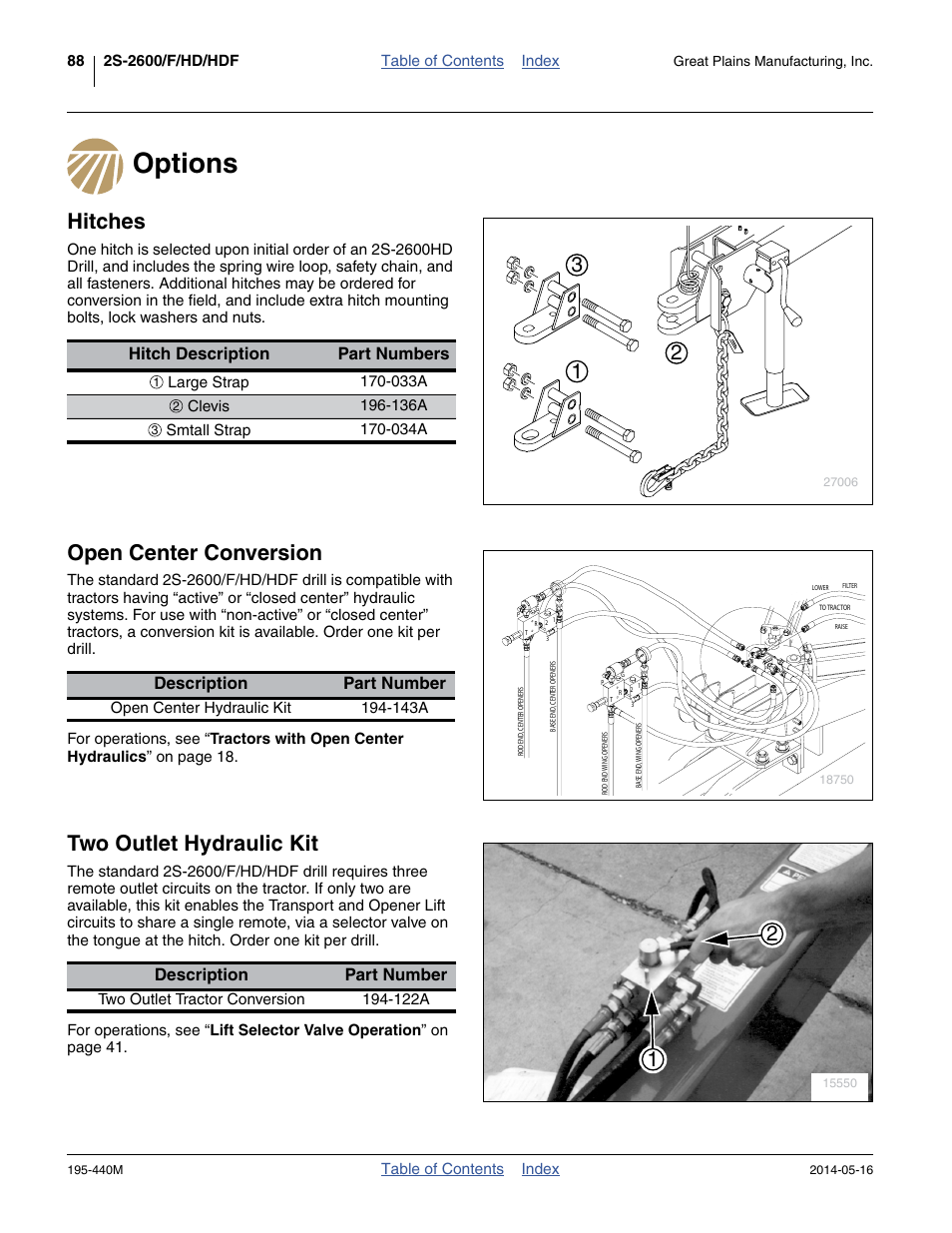 Options, Hitches, Open center conversion | Two outlet hydraulic kit, Hitch description part numbers, Description part number | Great Plains 2S-2600HDF Operator Manual v1 User Manual | Page 92 / 116