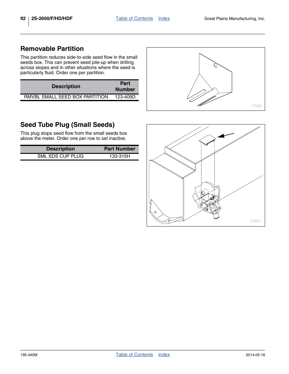 Removable partition, Seed tube plug (small seeds) | Great Plains 2S-2600HDF Operator Manual v1 User Manual | Page 96 / 116