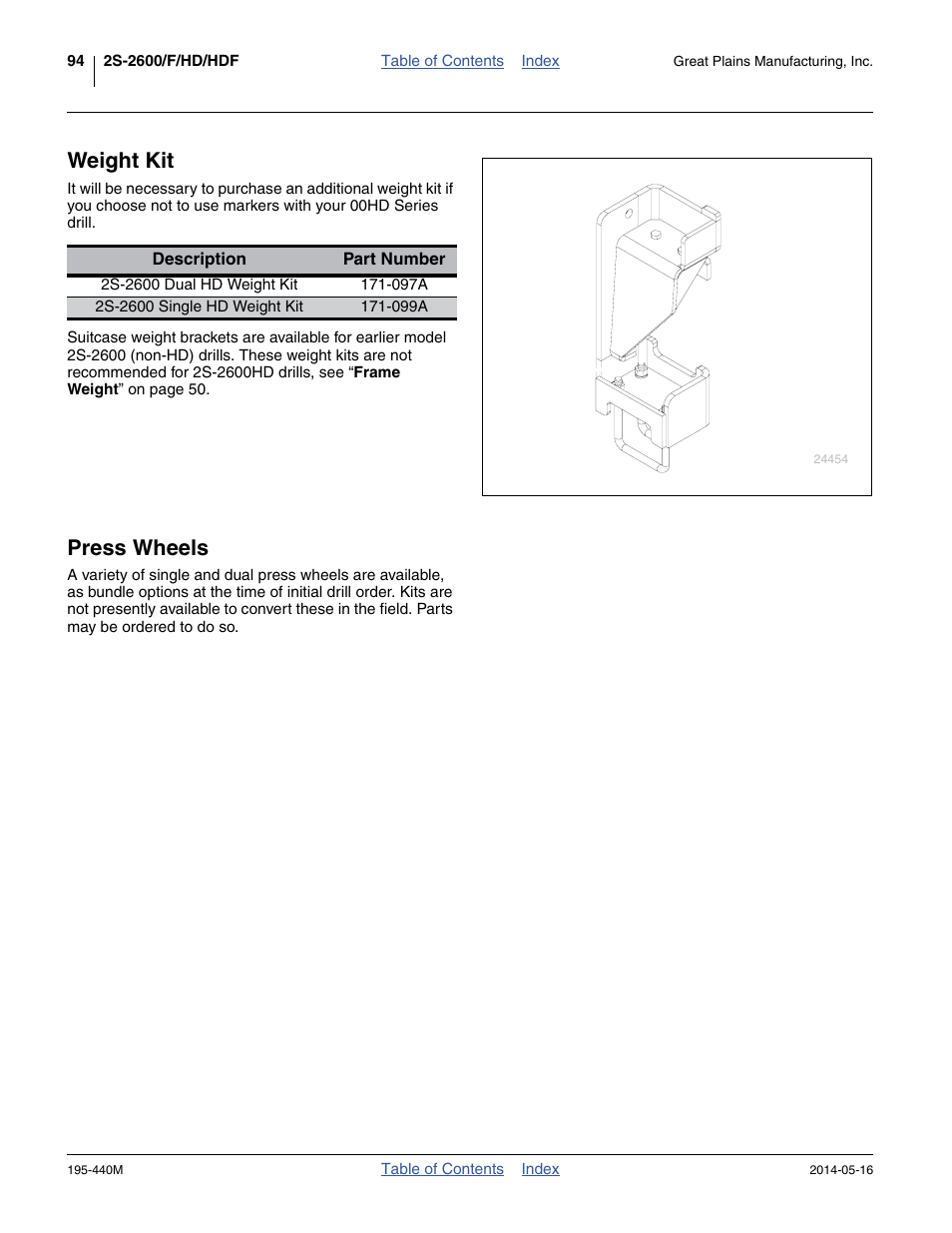 Weight kit, Press wheels | Great Plains 2S-2600HDF Operator Manual v1 User Manual | Page 98 / 116