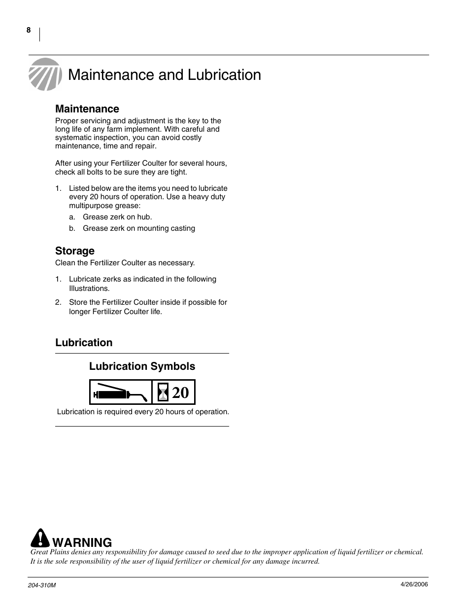 Maintenance and lubrication, Warning | Great Plains Vantage II Fertilizer Coulters User Manual | Page 10 / 27