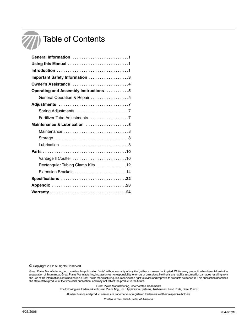 Great Plains Vantage II Fertilizer Coulters User Manual | Page 2 / 27