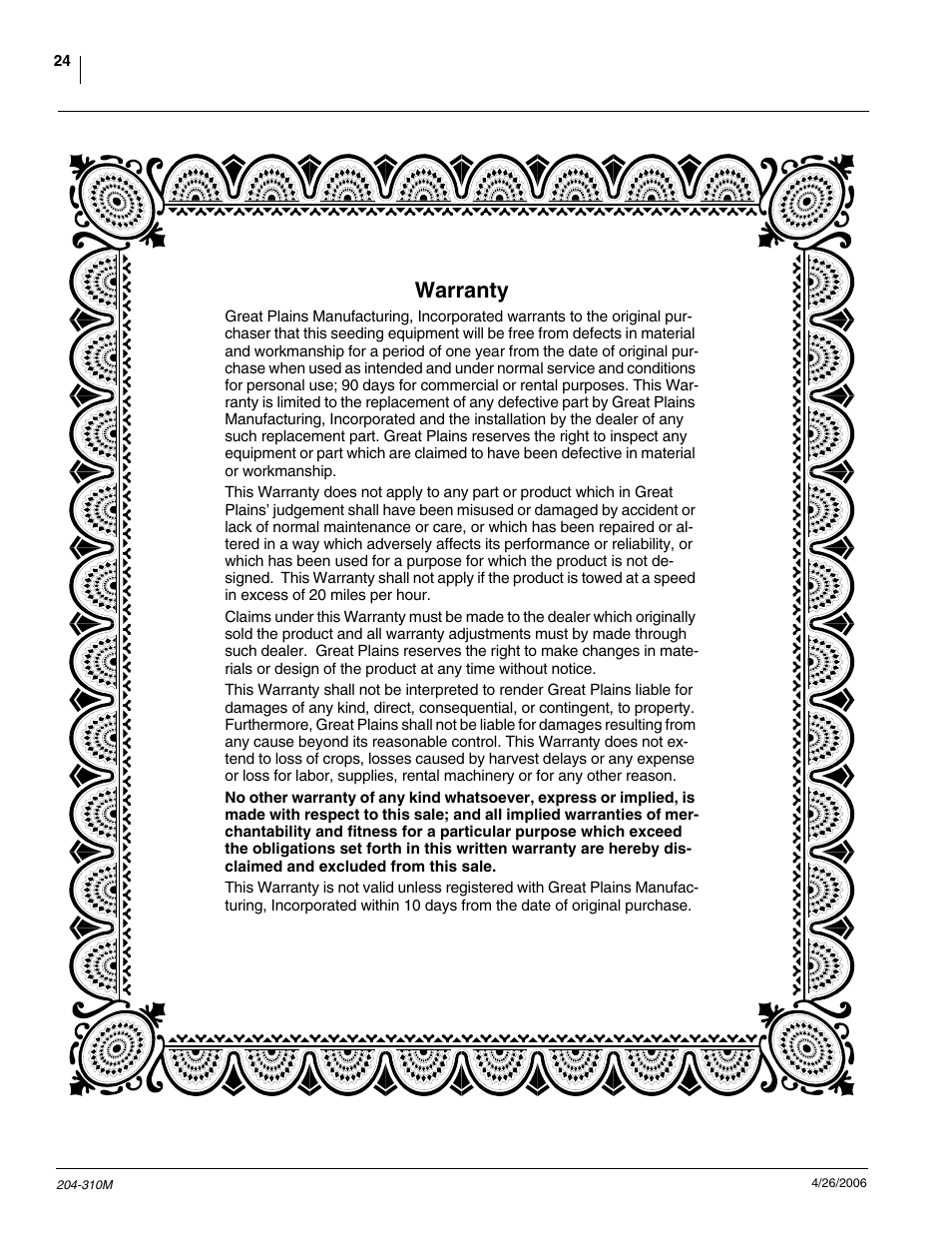 Warranty | Great Plains Vantage II Fertilizer Coulters User Manual | Page 26 / 27