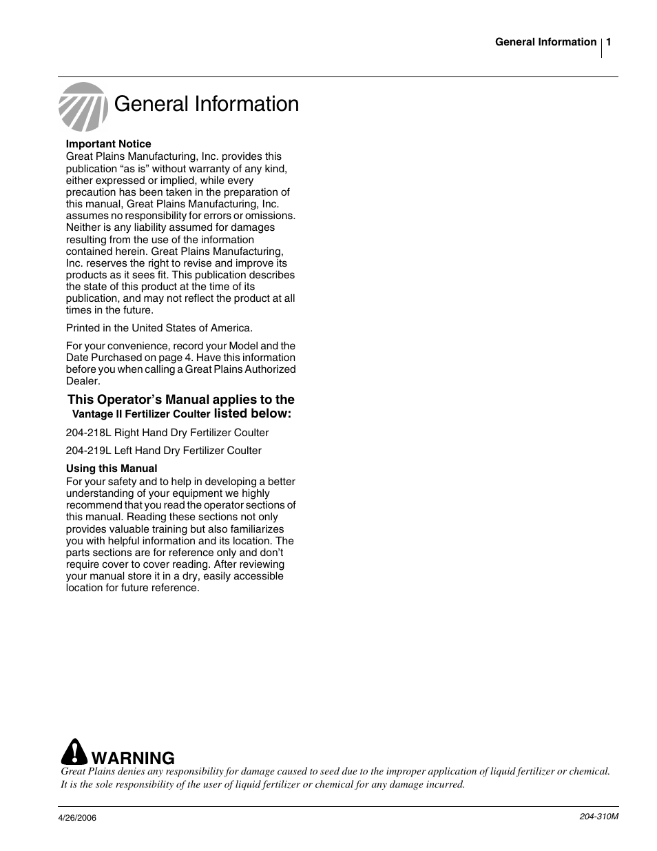 General information, Warning | Great Plains Vantage II Fertilizer Coulters User Manual | Page 3 / 27